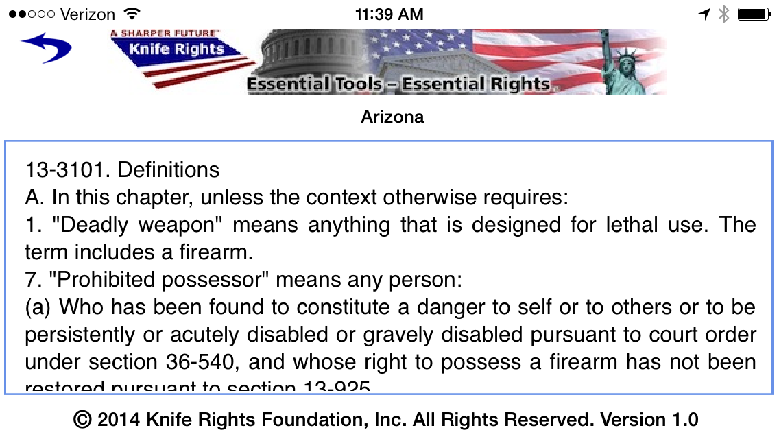 Knife Rights LegalBlade Arizona Law Definitions